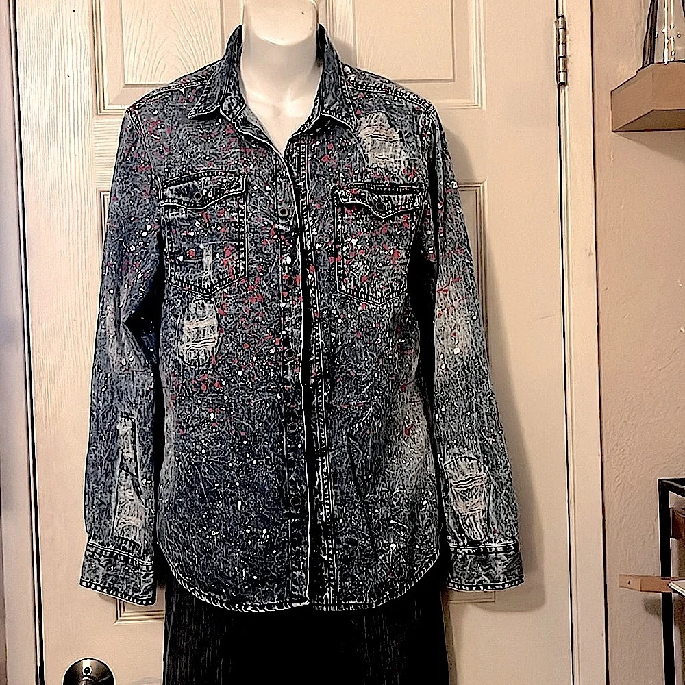 Carbon Distressed Blue Denim Mens Long Sleeve Button Down Paint Splatter Shirt